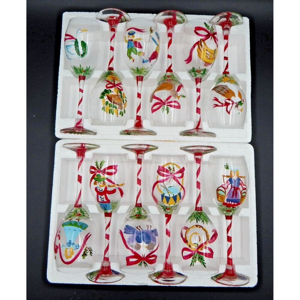 Block Twelve Days of Christmas Goblets Hand Painted Wine Glasses Complete Set